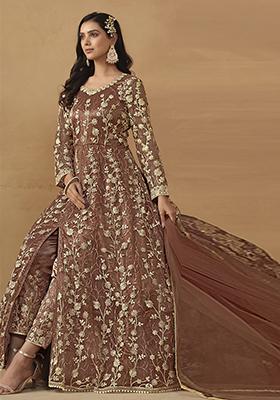 Brown Sequin Embroidered Net Gown Set
