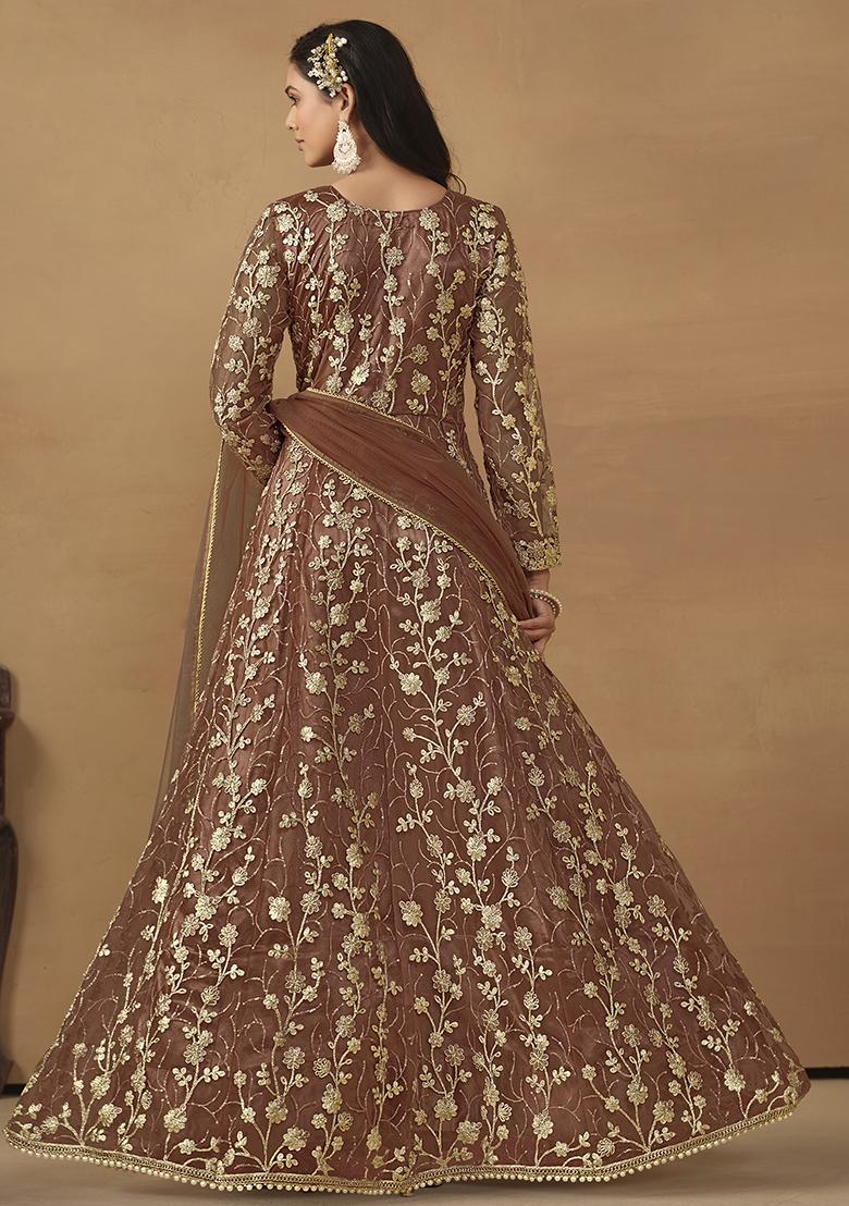 Brown Sequin Embroidered Net Gown Set
