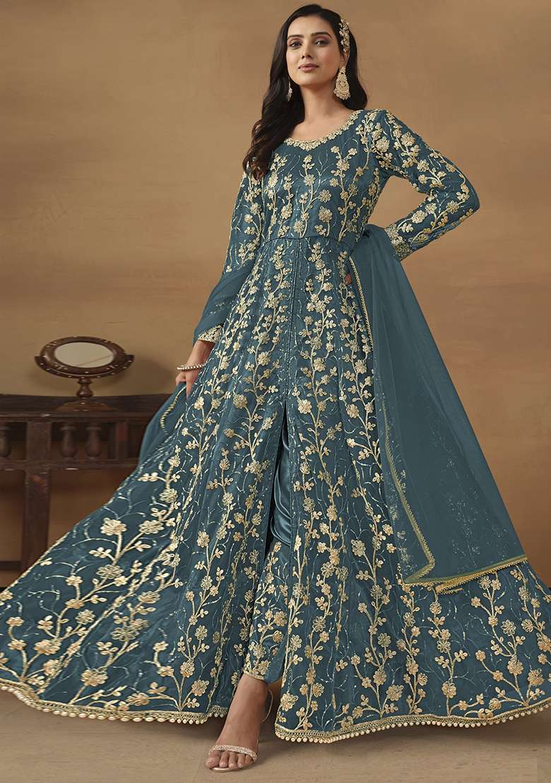 Aqua Blue Embroidered Net Sharara Set - Indya