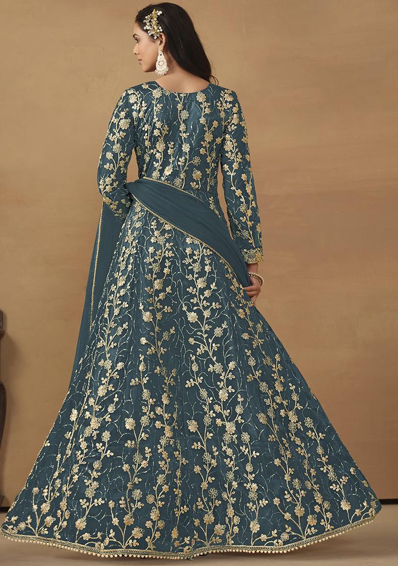 Aqua Blue Sequin Embroidered Net Gown Set