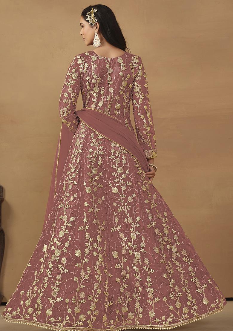 Mauve Sequin Embroidered Net Gown Set