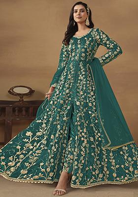 Green Sequin Embroidered Net Gown Set