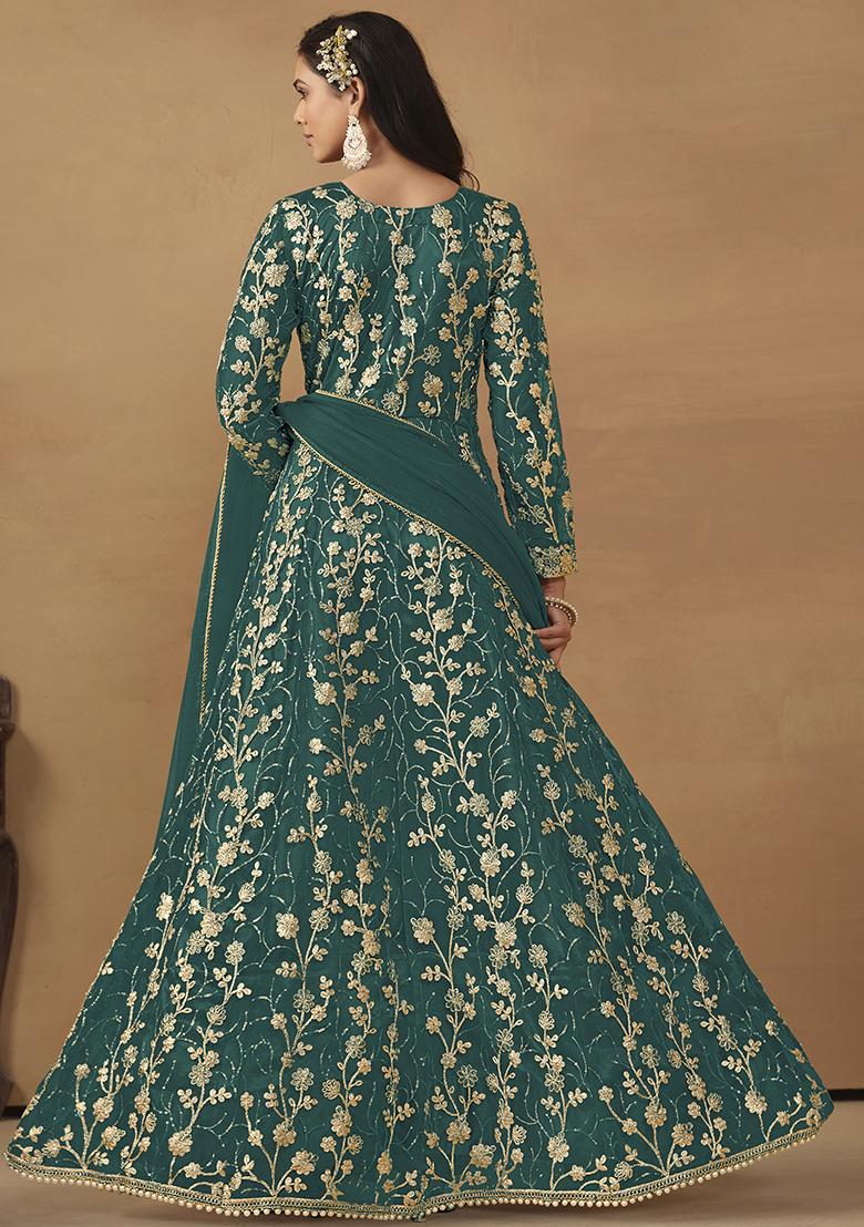 Green Sequin Embroidered Net Gown Set