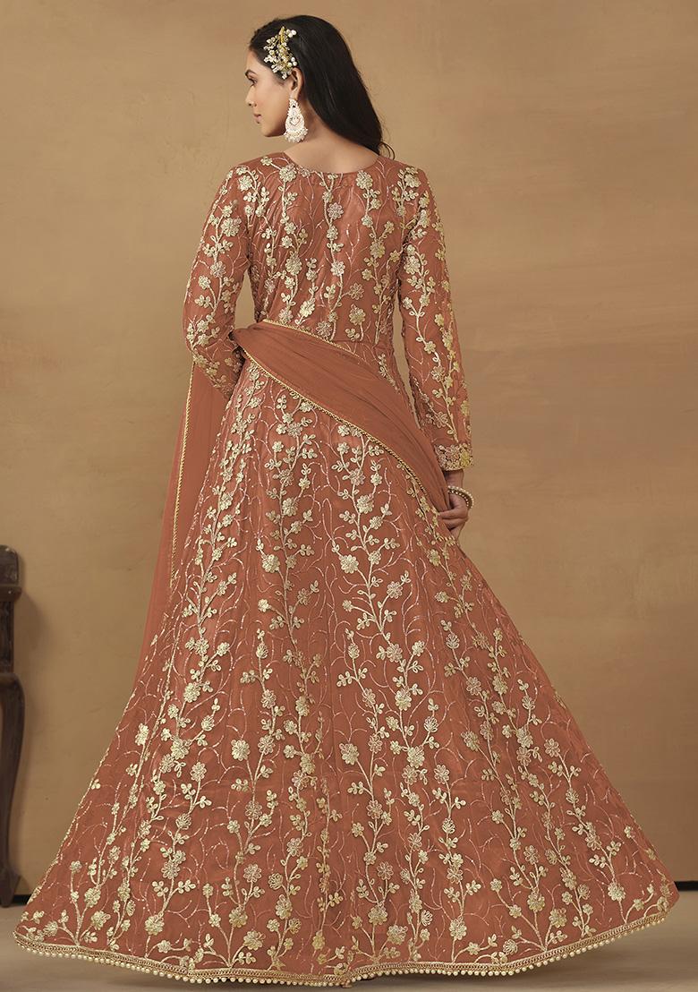 Orange Sequin Embroidered Net Gown Set