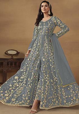 Grey Sequin Embroidered Net Gown Set