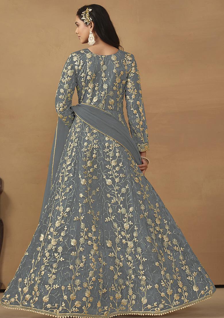 Grey Sequin Embroidered Net Gown Set