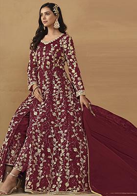 Maroon Sequin Embroidered Net Gown Set