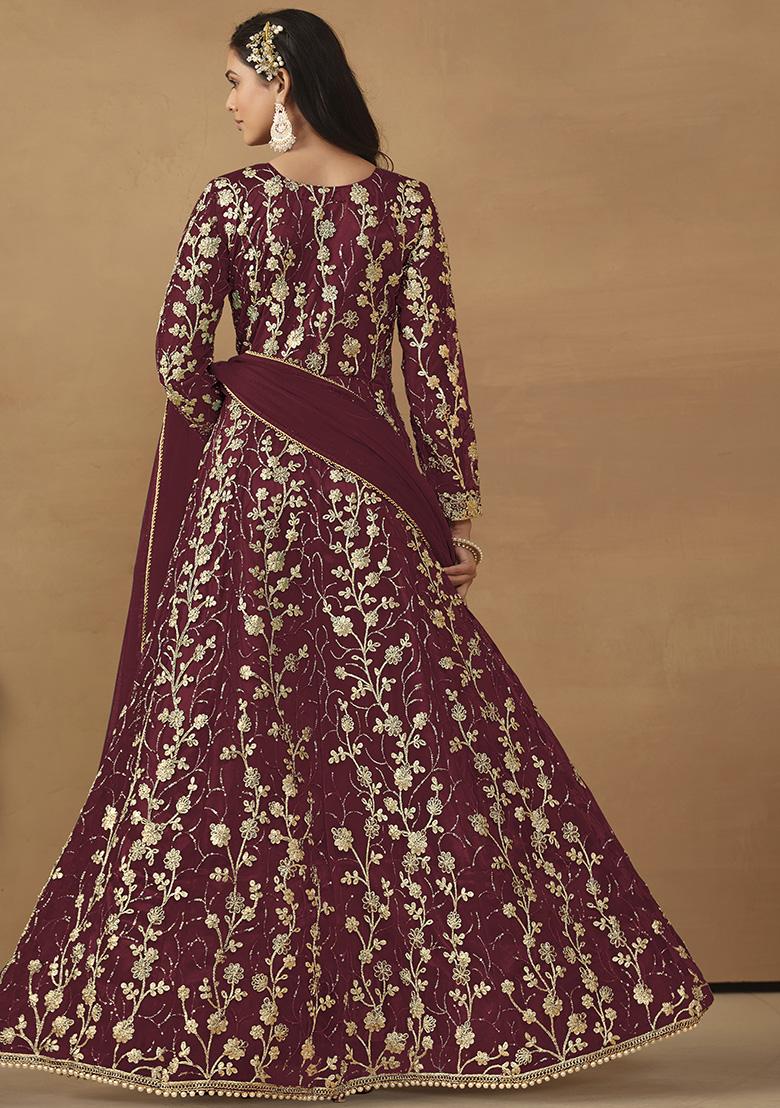Maroon Sequin Embroidered Net Gown Set