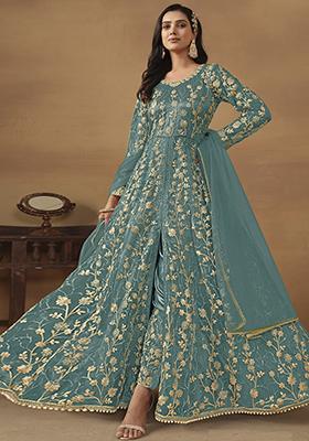 Sky Blue Sequin Embroidered Net Gown Set