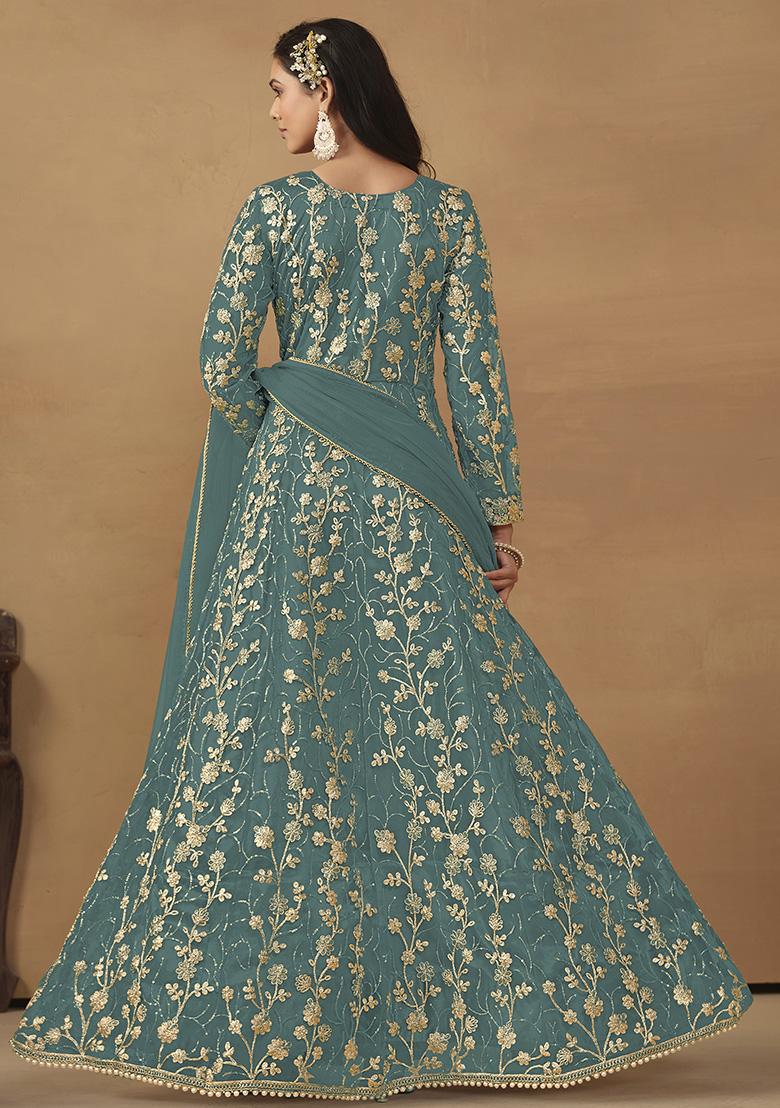 Sky Blue Sequin Embroidered Net Gown Set