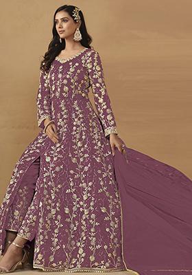 Wine Sequin Embroidered Net Gown Set