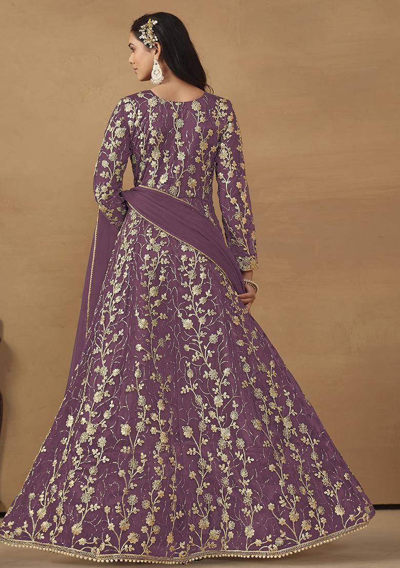 Wine Sequin Embroidered Net Gown Set