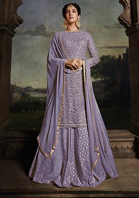 Purple Embroidered Net Kurta Set