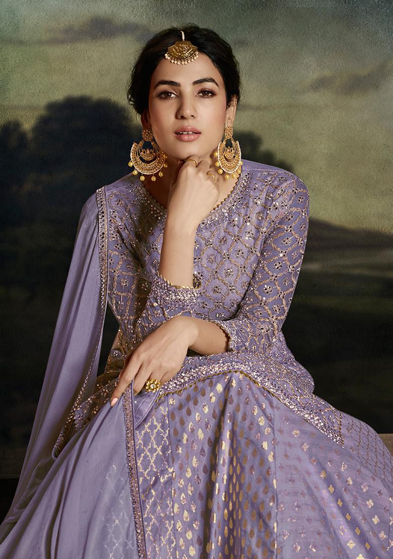 Purple Embroidered Net Kurta Set