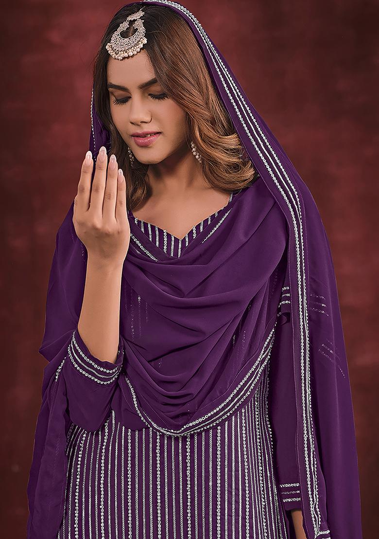 Wine Embroidered Georgette Kurta Set