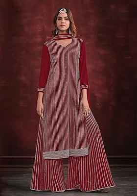 Red Embroidered Georgette Kurta Set
