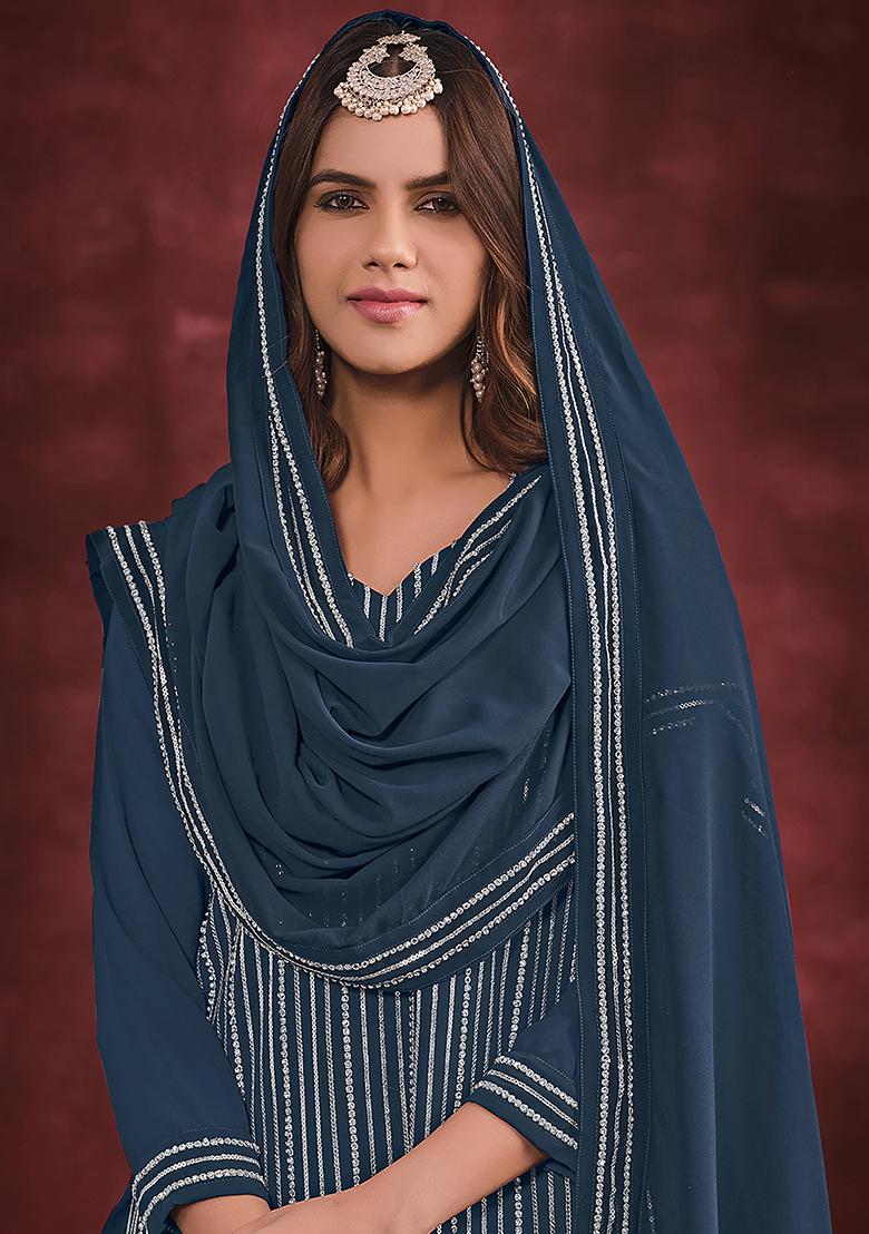 Light Blue Embroidered Georgette Kurta Set