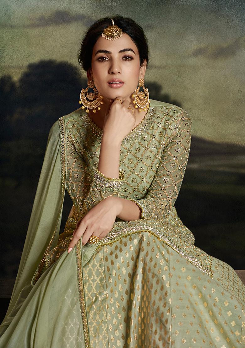 Green Embroidered Net Kurta Set