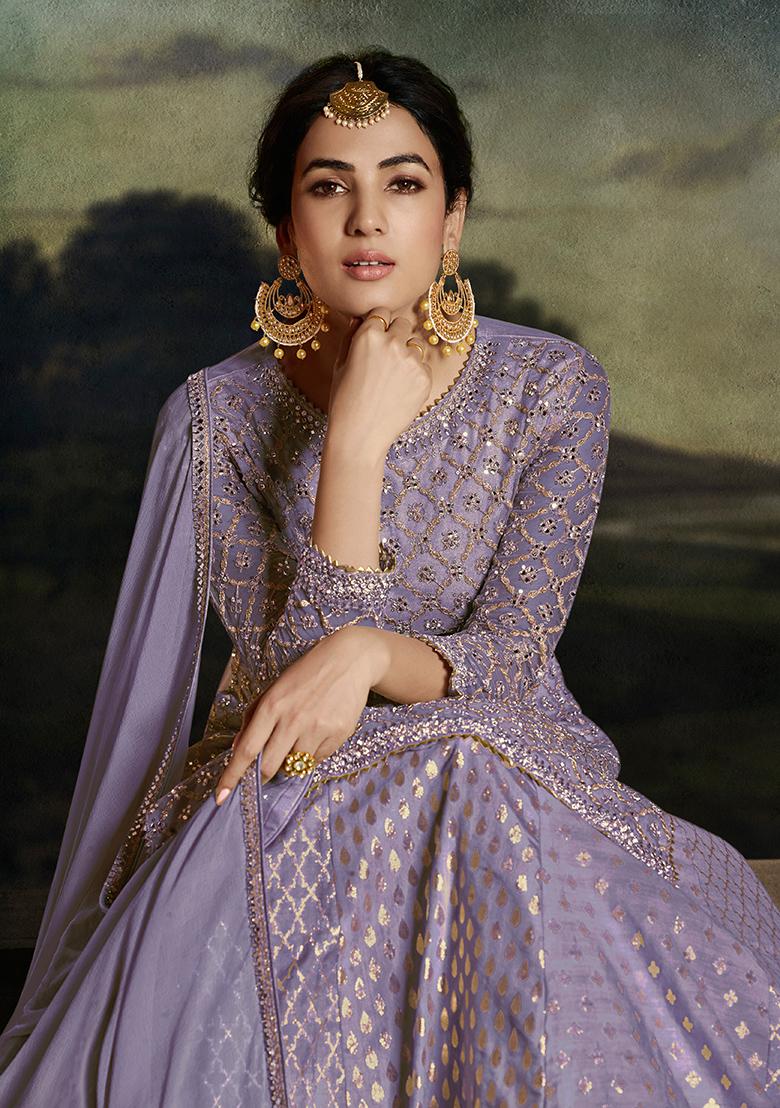 Purple Embroidered Net Kurta Set
