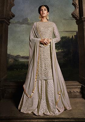 Grey Embroidered Net Kurta Set