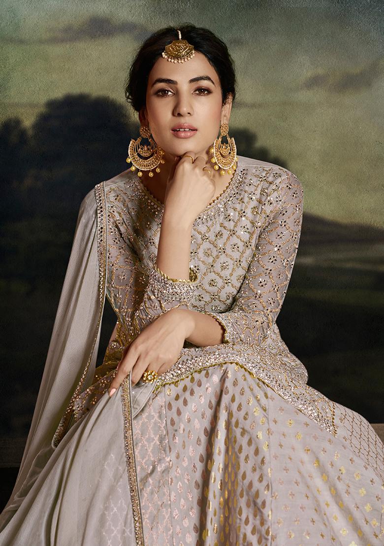 Grey Embroidered Net Kurta Set