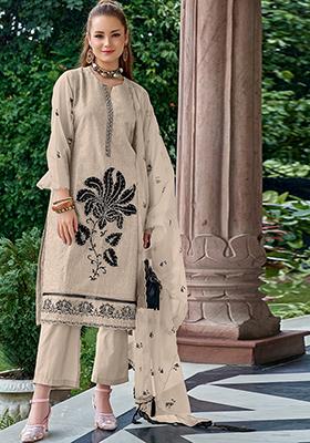 Chiku Brown Embroidered Organza Kurta Set
