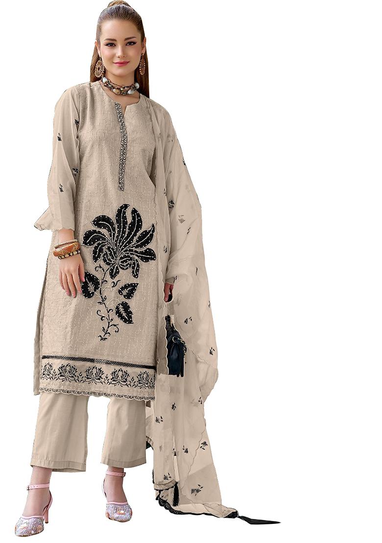 Chiku Brown Embroidered Organza Kurta Set