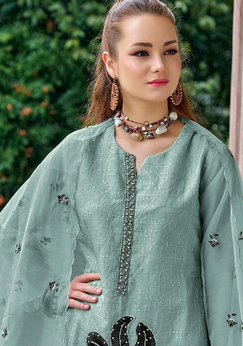 Sky Blue Embroidered Organza Kurta Set