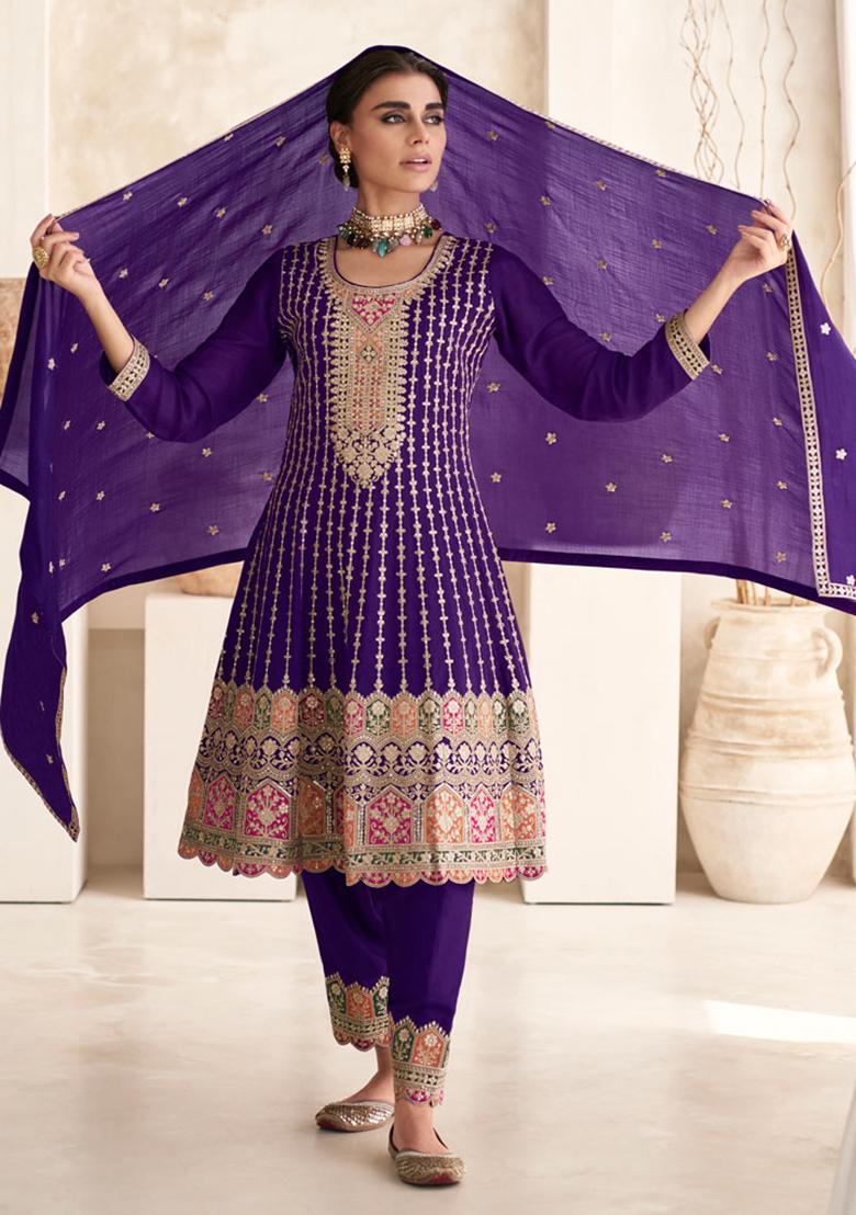 Purple Sequin Embroidered Silk Kurta Set