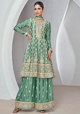 Green Sequin Embroidered Chinon Sharara Set