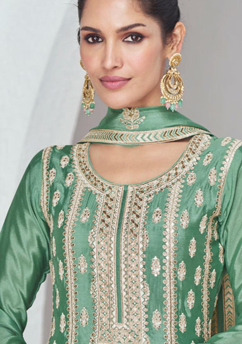 Green Sequin Embroidered Chinon Sharara Set