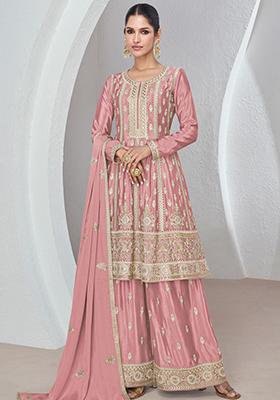 Pink Sequin Embroidered Chinon Sharara Set