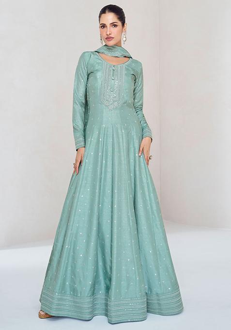 Turquoise Sequin Embroidered Silk Anarkali With Dupatta