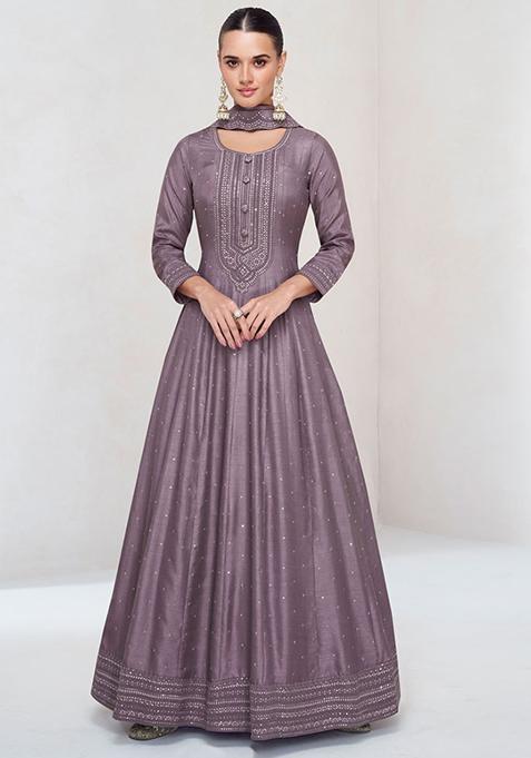 Purple Sequin Embroidered Silk Anarkali With Dupatta