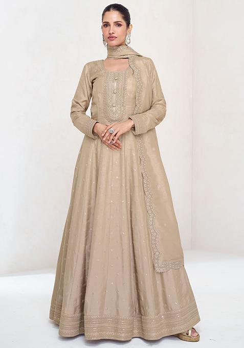 Beige Sequin Embroidered Silk Anarkali With Dupatta