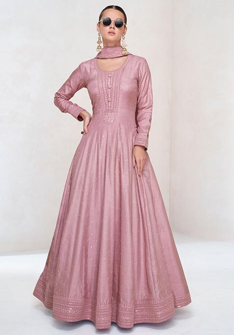 Pink Sequin Embroidered Silk Anarkali With Dupatta