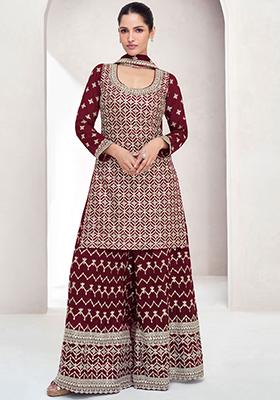 Maroon Sequin Embroidered Chinon Sharara Set