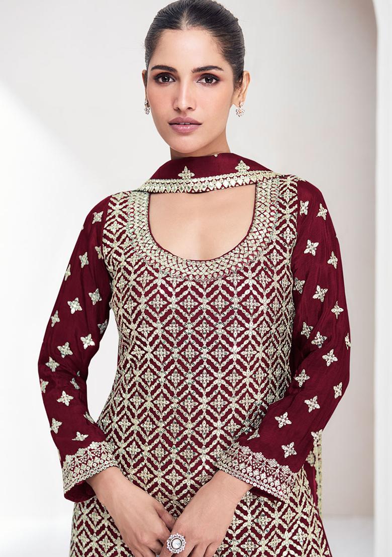 Maroon Sequin Embroidered Chinon Sharara Set
