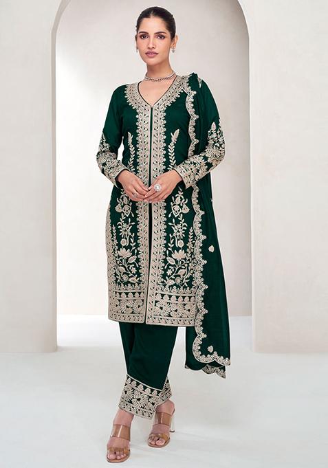 Green Sequin Embroidered Silk Kurta Set