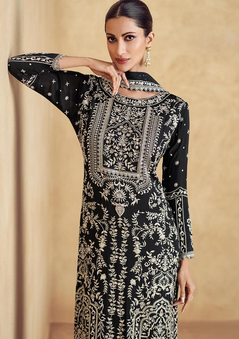 Black Sequin Embroidered Chinon Sharara Set