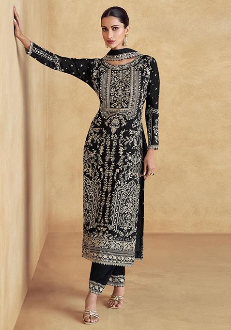 Black Sequin Embroidered Chinon Sharara Set