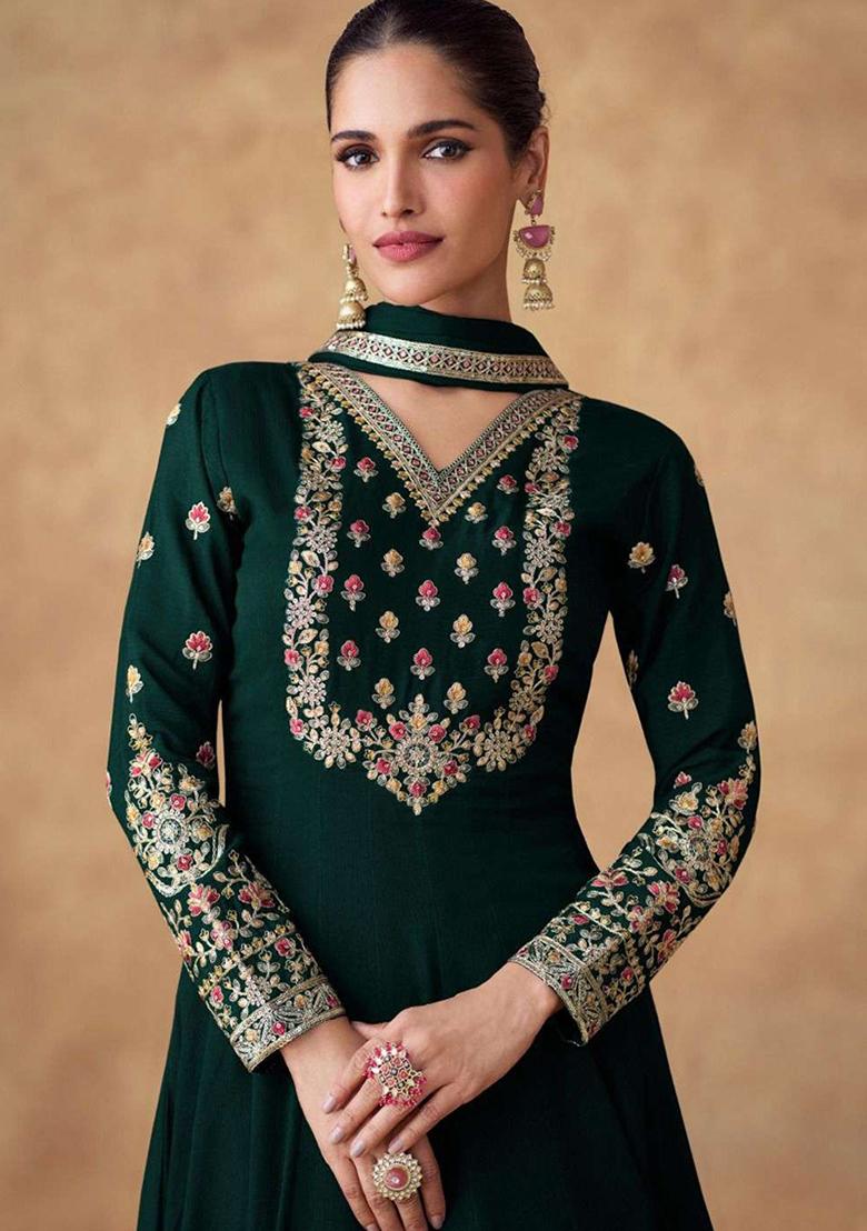 Green Sequin Embroidered Chinon Anarkali With Dupatta