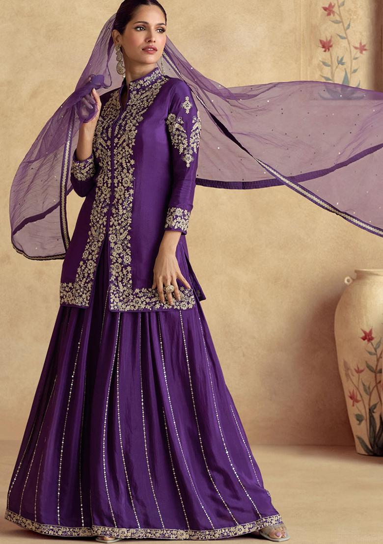 Violet Sequin Embroidered Silk Sharara Set