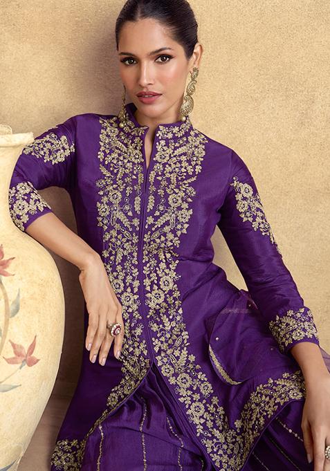 Mint Green Jacquard Silk Intricate Embroidered Sharara Elegant Festive Wear main image 1