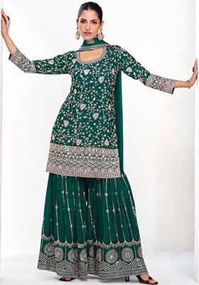 Green Sequin Embroidered Chinon Sharara Set