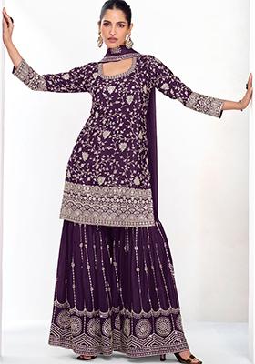 Purple Sequin Embroidered Chinon Sharara Set