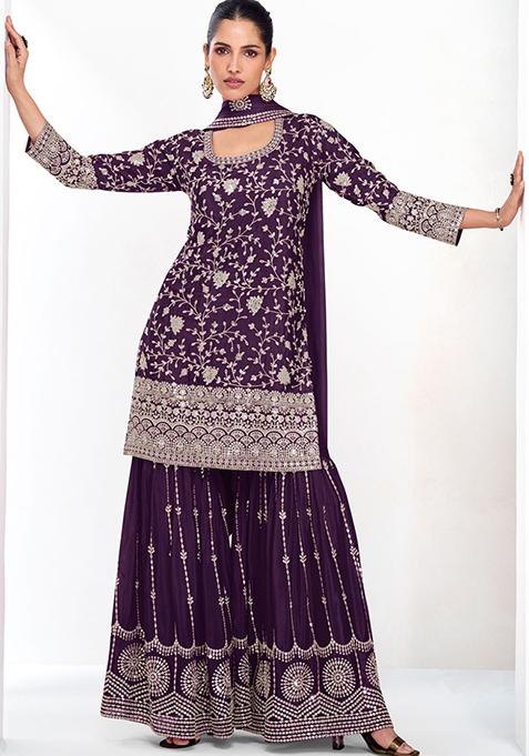 Purple Sequin Embroidered Chinon Sharara Set