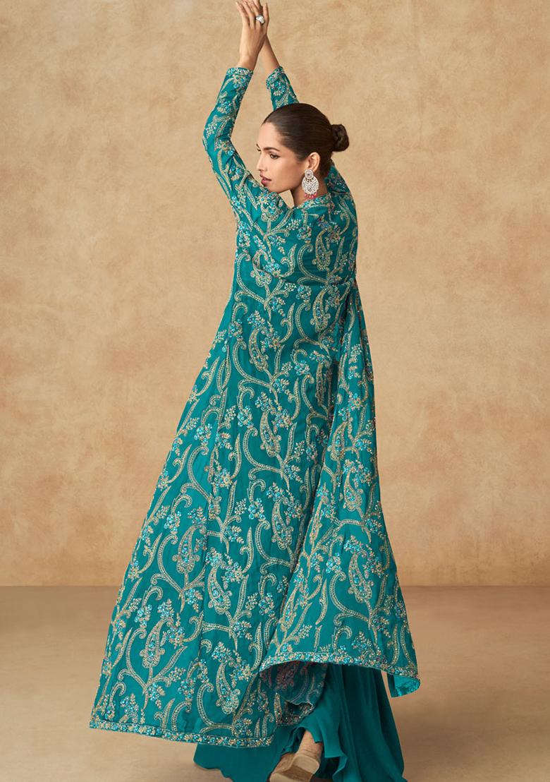Teal Sequin Embroidered Georgette Palazzo Set
