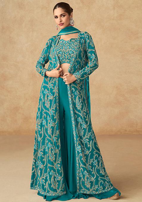 Teal Sequin Embroidered Georgette Palazzo Set