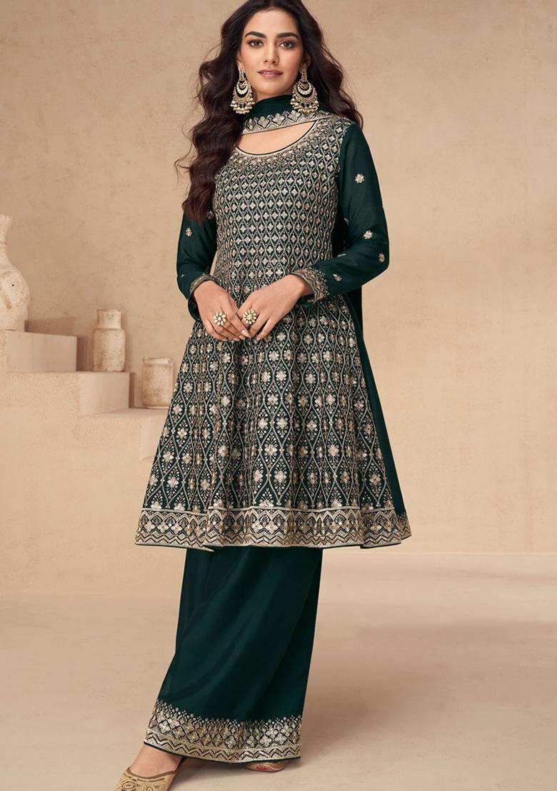Green Sequin Embroidered Chinon Sharara Set